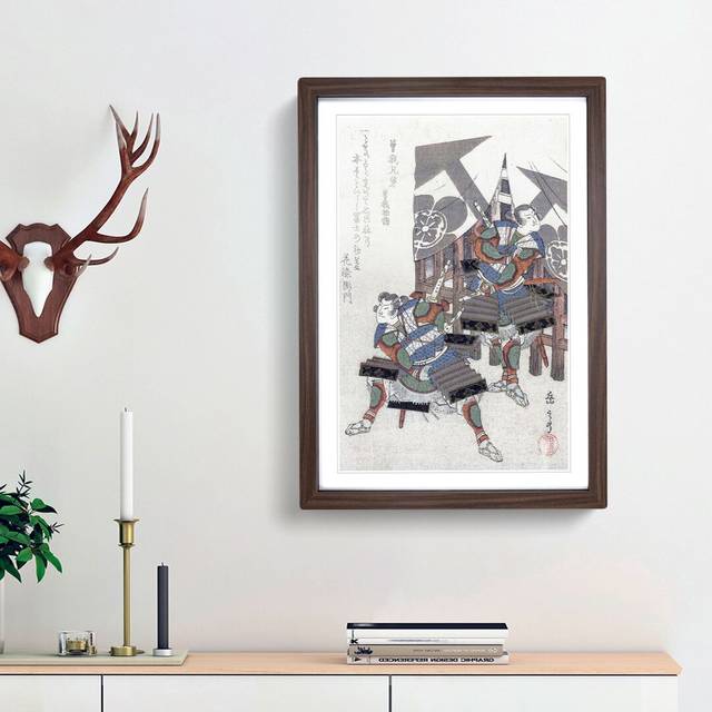 Military Men by Yashima Gakutei - Picture Frame Painting Print - Walnut Framed (36cm H x 27cm W x 2cm D)
