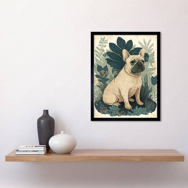 French Bulldog and Tropical Plants Modern Pastel Colour Boho - Single Picture Frame Art Prints - Brown;Green (43.3cm H X 33.3cm W)