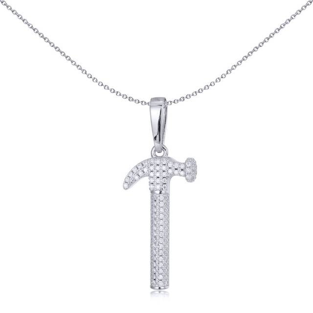 Jewelco London Men's Rhodium Silver Round CZ Encrusted 3D Hammer Charm Pendant - APD195