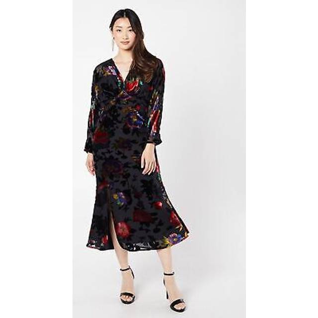 Coast womens pencil dress black velvet floral devore v-neck long sleeve midi