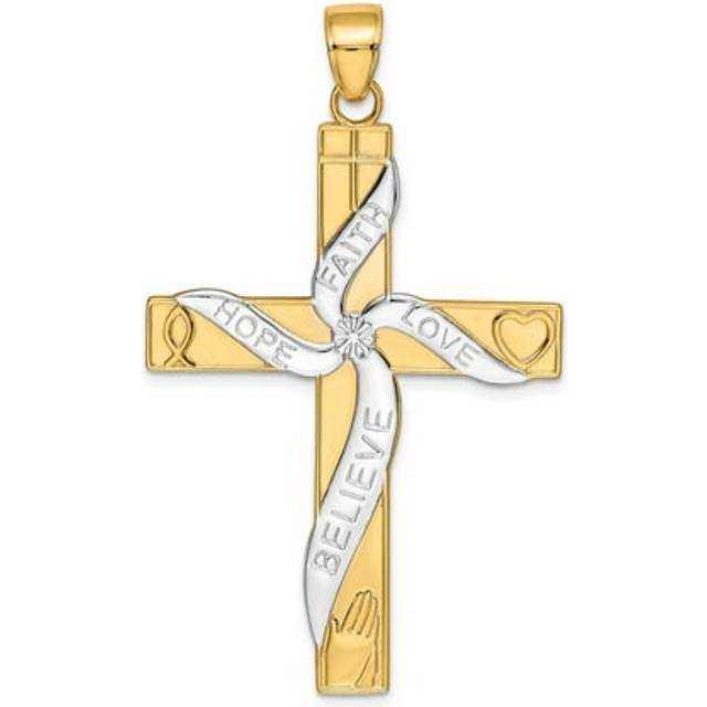 14K Yellow & Rhodium with Hope Faith Love Believe Cross Pendant