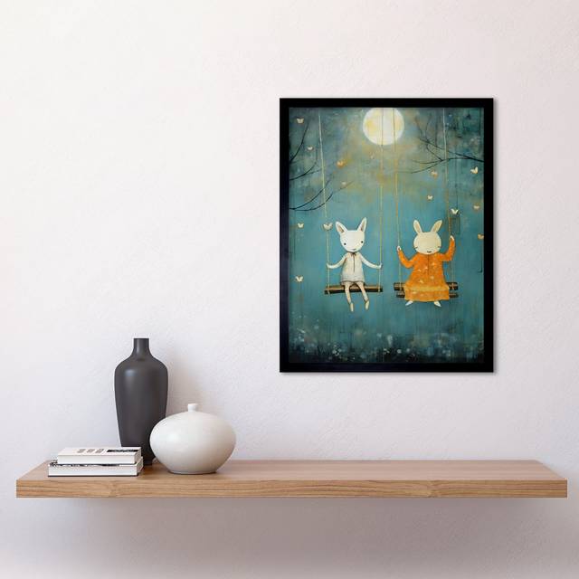 Rabbits On A Swing Moonlit Butterflies Calming - Single Picture Frame Art Prints (43.3cm H X 33.3cm W)
