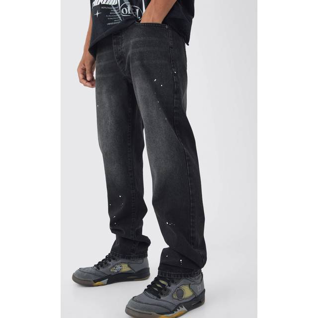 Straight Leg Paint Splatter Jeans With Tonal Embroidery - Black - 28R