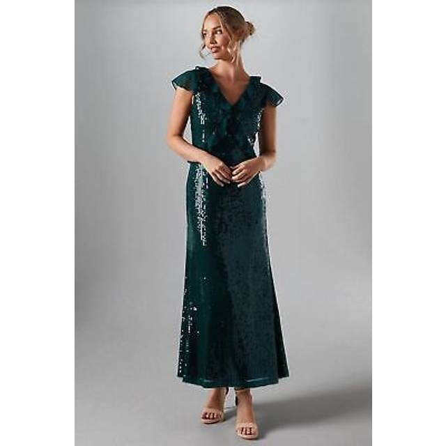Coast womens a-line dress emerald sequin chiffon flutter sleeve v-neck midaxi