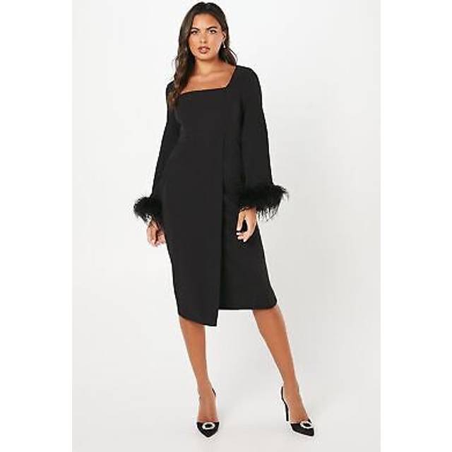 Feather Cuff Long Sleeve Pencil Dress - Black - 8
