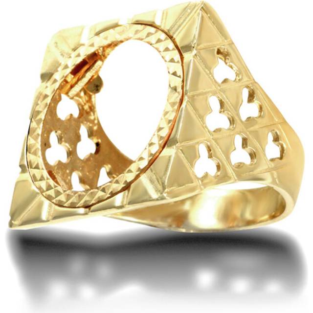 (Y) Jewelco London Men's Solid 9ct Yellow Gold Clubs Clovers Square Top Half Sovereign Mount Ring - JRN178-H