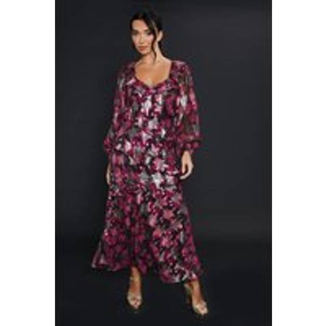 Womens Purple Floral Ruffle Long Sleeve Chiffon Metallic Midi Dress - 8
