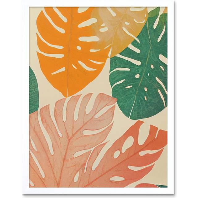 Pastel Monstera Leaves Botanical Artwork - Art Prints - White Framed Paper (25.9cm H x 20.6cm W x 1.5cm D)