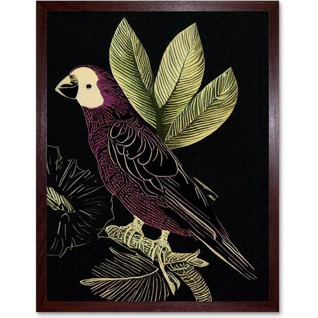 Parrot Leaves Tree Branch Vintage Linocut - Art Prints - Brown Framed Unframed (25.9cm H x 20.6cm W x 1.5cm D)