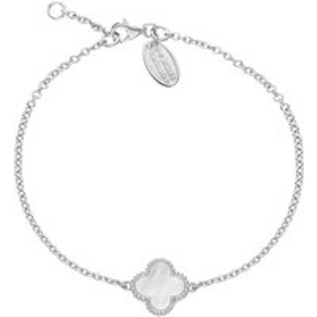 Sterling Silver White Mother of Pearl Bloom Four Leaf Clover Ball Edge Chain Bracelet