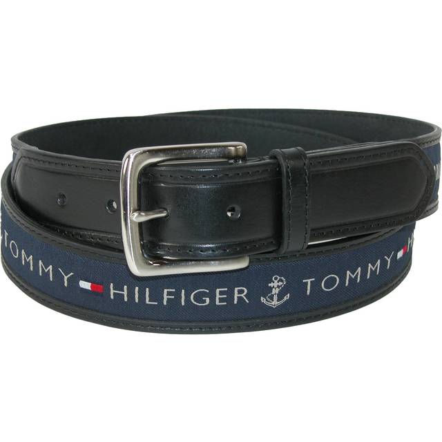 Tommy Hilfiger Men's Leather Casual Belt with Fabric Inlay - Black - Black with Navy Inlay (30)