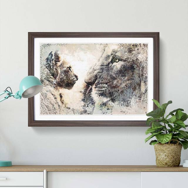 Lion Cub with Its Mother in Abstract - Picture Frame Painting Print - Walnut Framed (48cm H x 65cm W x 2cm D)