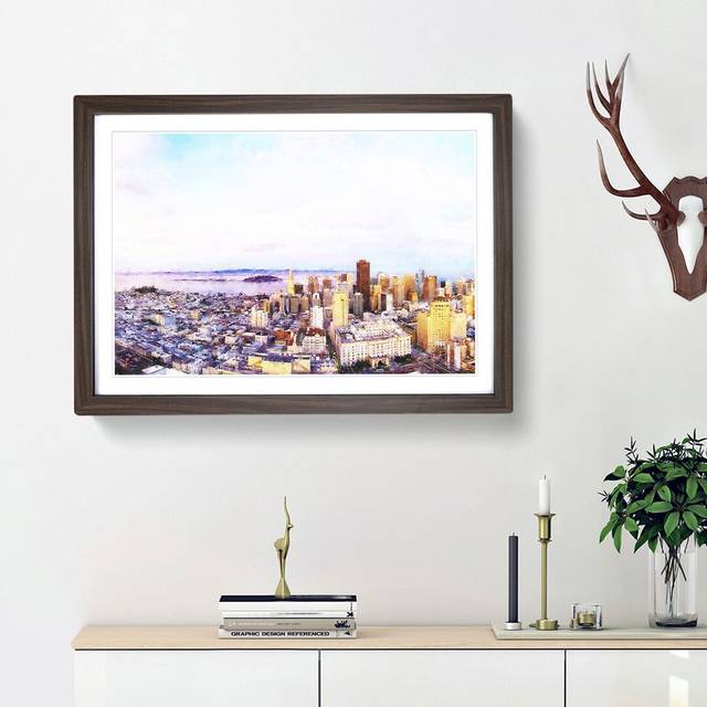 San Francisco Under a Pink Sky - Picture Frame Painting Print - Walnut Framed (24cm H x 33cm W x 2cm D)