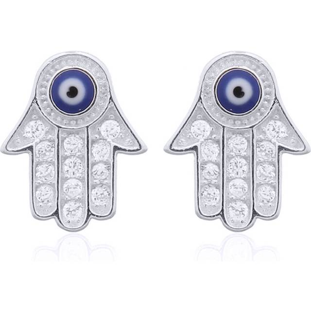 Jewelco London Rhodium Silver Round CZ Anti Evil Eye Beaded Hamsa 5 Hand Stud Earrings - AES156
