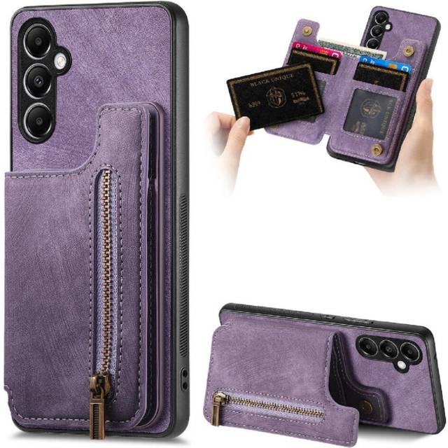 (Purple) Case for Samsung Galaxy A05s Stand Function Vintage Zipper Wallet Foldable Back Cover