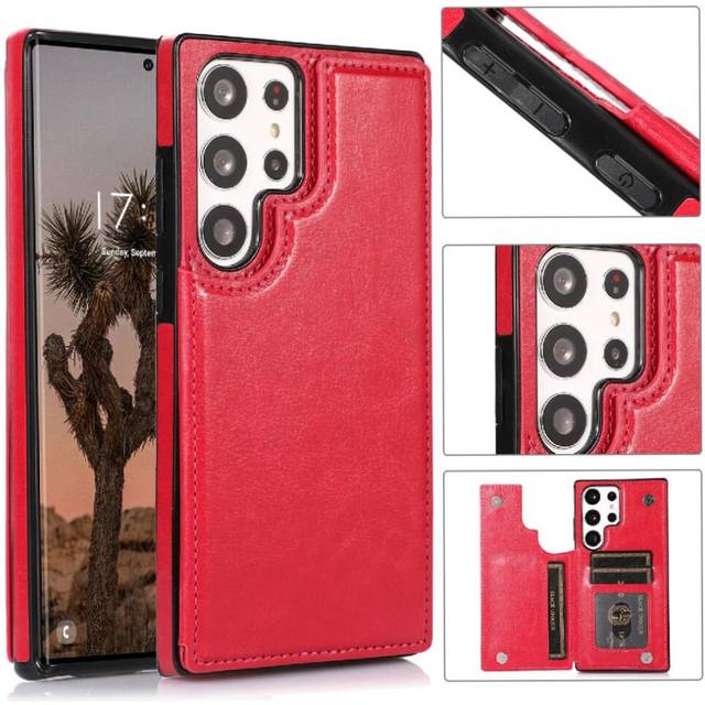 (rose red ) Wallet Case for Samsung Galaxy S23 Ultra Card Slots Double Magnetic Clasp Kickstand with Card Holder Pu Leather