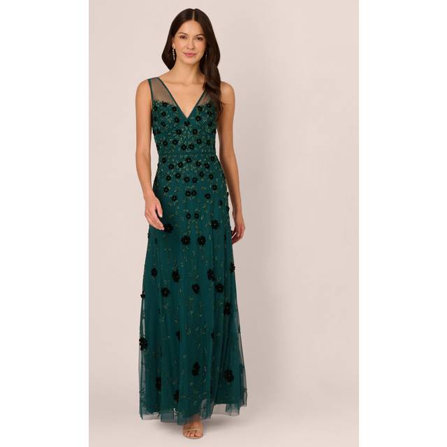 Velvet Floral Beaded Gown With Sheer Tank Straps In Gem Green - 2