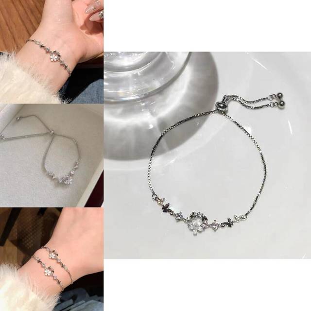 Fashionable Womens Silver Bracelet With Beautiful Floral And Butterfly Design