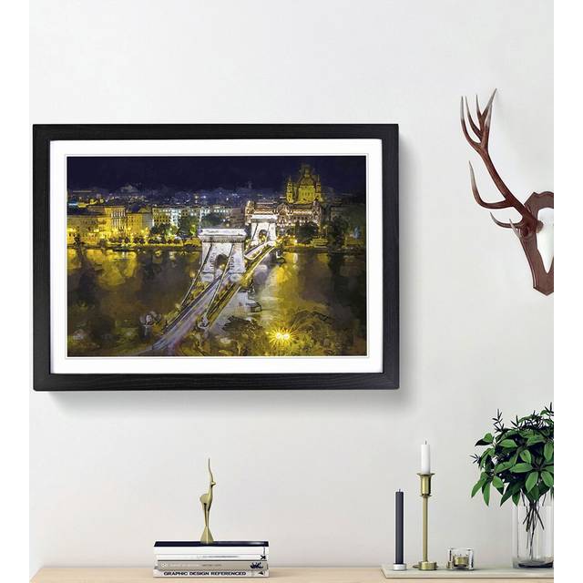Chain Bridge in Budapest Hungary in Abstract - Picture Frame Graphic Art Print - Black Framed (27cm H x 36cm W x 2cm D)