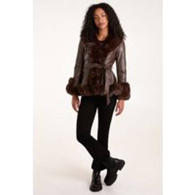 Faux Fur PU Coat With Belt - 14 / CHOCOLATE
