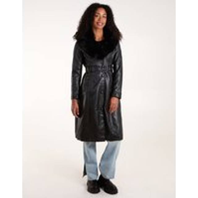 Faux Fur PU Longline Coat - 8 / BLACK