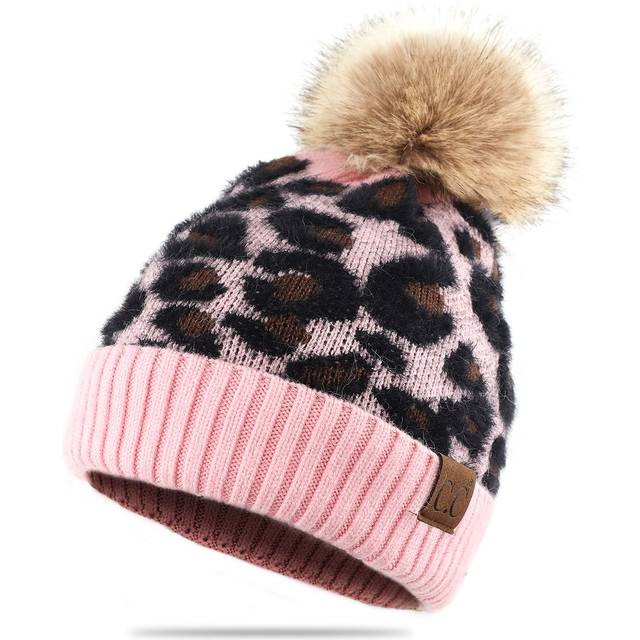 C.C Exclusives Soft Beanie hat with Leopard Pattern and Fur PomHAT-2061 Baby Pink-Leo
