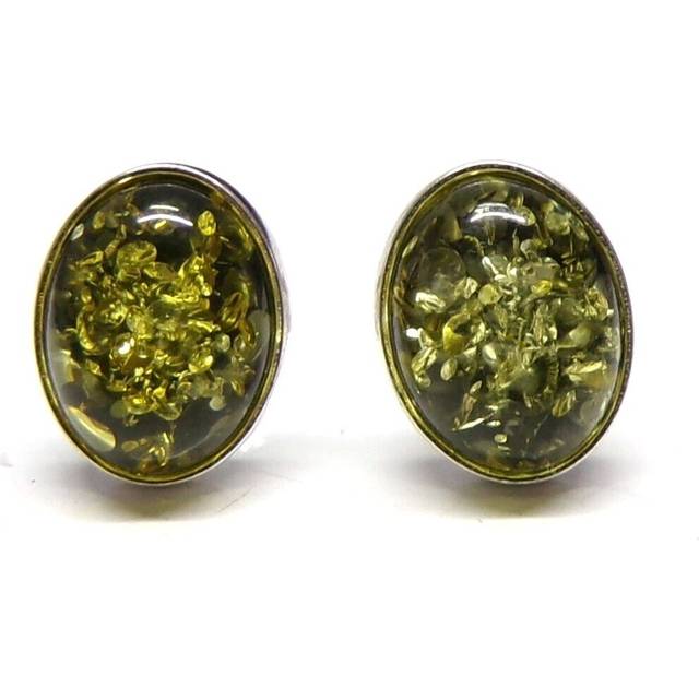 Handmade 925 sterling silver 9 x 7 mm green amber stud earrings with gift bag