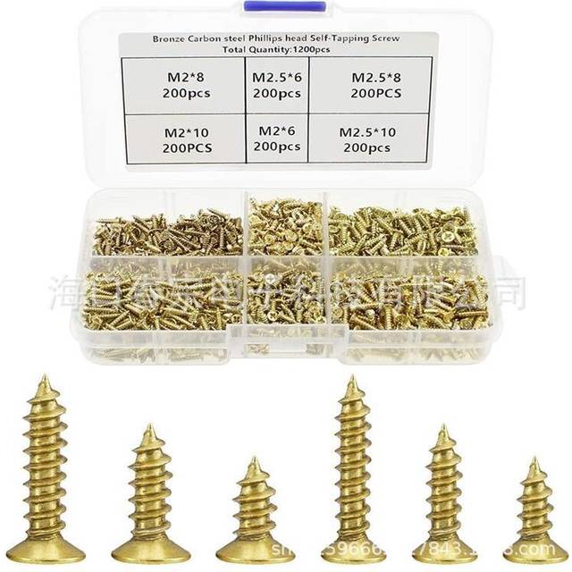 1200 Assortment Small Steel Flat Head Wood Screws 5mm 6mm 7mm 8mm 10mm Gold Small Wood Screws with Organized Box