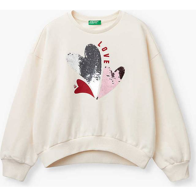 Benetton Girls White Cream Kids Sequin-embellished Heart Relaxed-fit Cotton Sweatshirt 6-14 Years 10-11 - WHITE CREAM