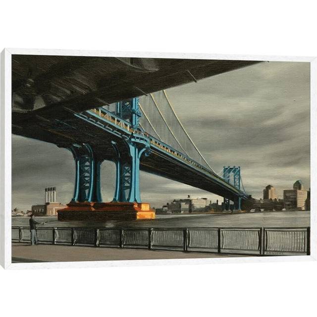 Manhattan Bridge with Grey Skies by Nick Savides - Painting Print on Canvas - White Framed (45.72cm H x 66.04cm W x 3.81cm D)