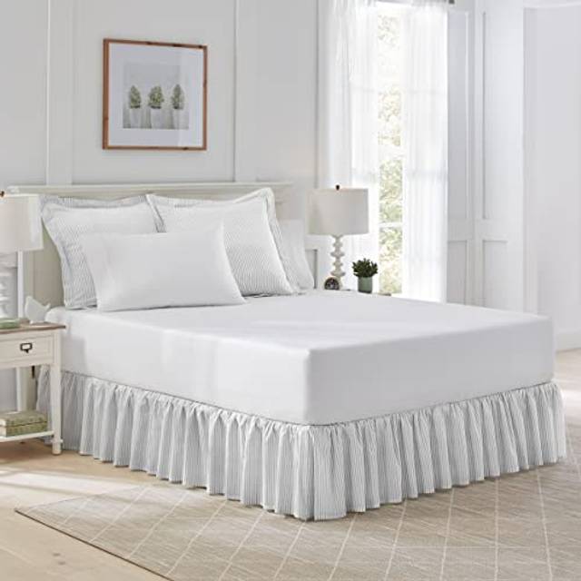 Laura Ashley Home - Cotton Ruffled Bedskirt  Lightweight & Classic Style (Ticking Stripe Grey  Full)