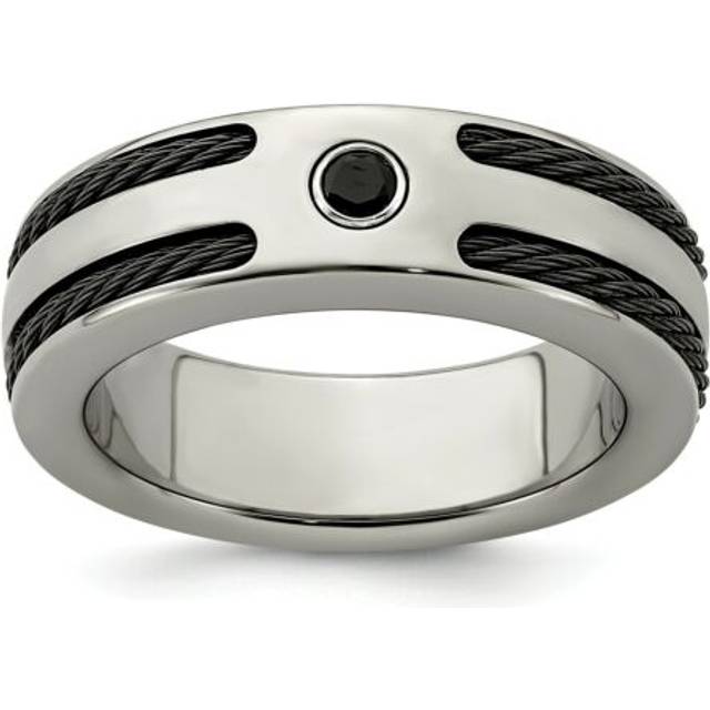 Titanium & silver bezel set black spinel 7mm double cable wedding band sz 8 - 13