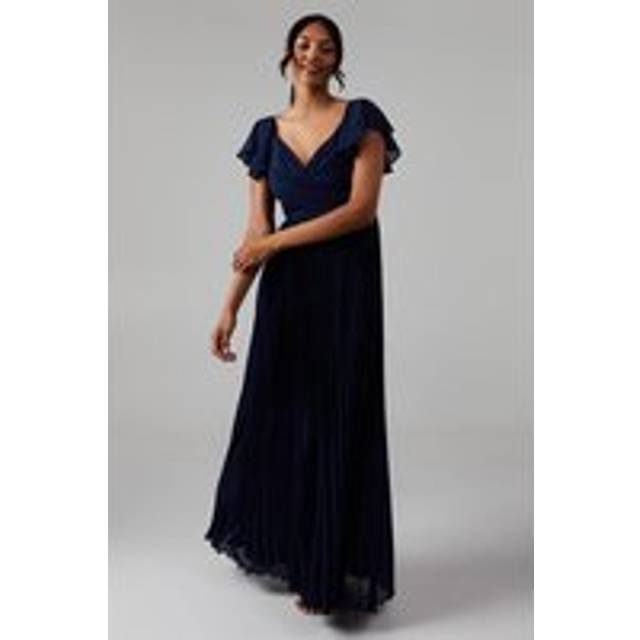 Crinkle Chiffon Angel Sleeve Bridesmaid Maxi Dress - Navy - 10
