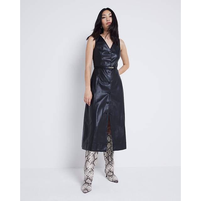 River Island Womens Black Faux Leather Belted Shift Midi Dress - 8