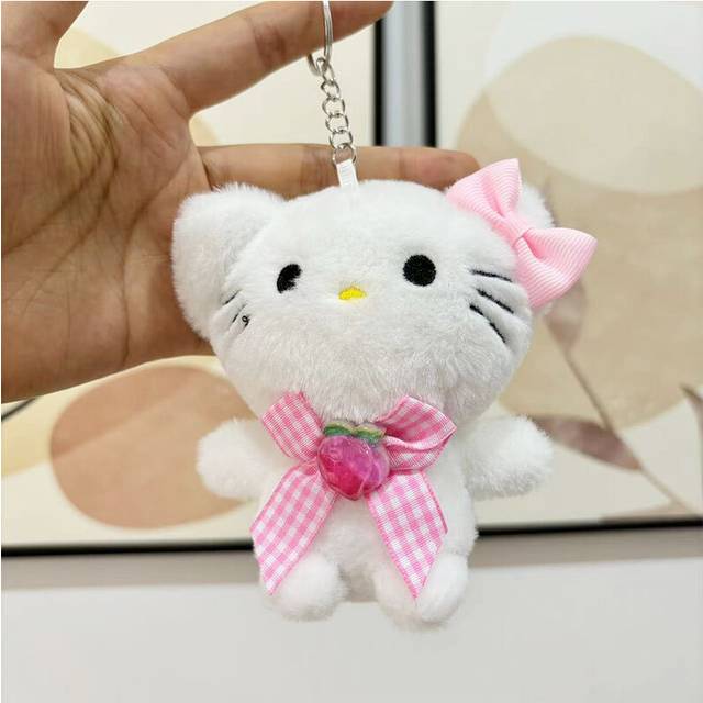 (Hello Kitty) Sanrio Cute Kuromi Plush Keychain Short Velvet Soft Stuffed Animal 12cm