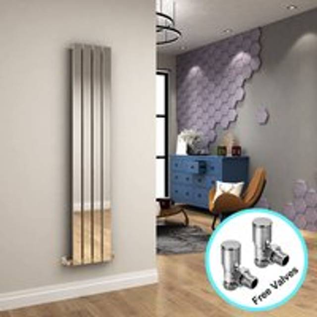 Elegant - Chrome Vertical Radiator 1600 x 300 Single Flat Panel Central Heating Designer Radiators + Angled Radiator Valves