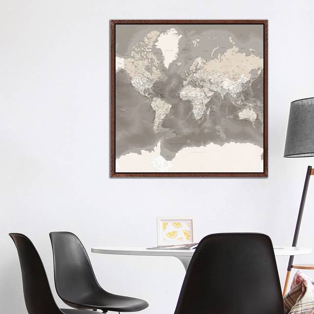 Detailed Brown World Map With Antarctica, Davey by Blursbyai - Gallery-Wrapped Canvas Giclée on Canvas - Classic Wood Floater Framed (93.98cm H x 93.98cm W)