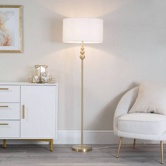 Marissa Fabric Drum Shade with Brushed Gold Stacked Ball Floor Lamp - White - One Size