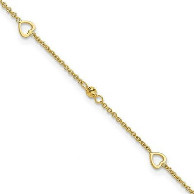 14K Yellow Gold Polished & Diamond-Cut Hearts 10 in. Plus 1 in. Extension Anklet