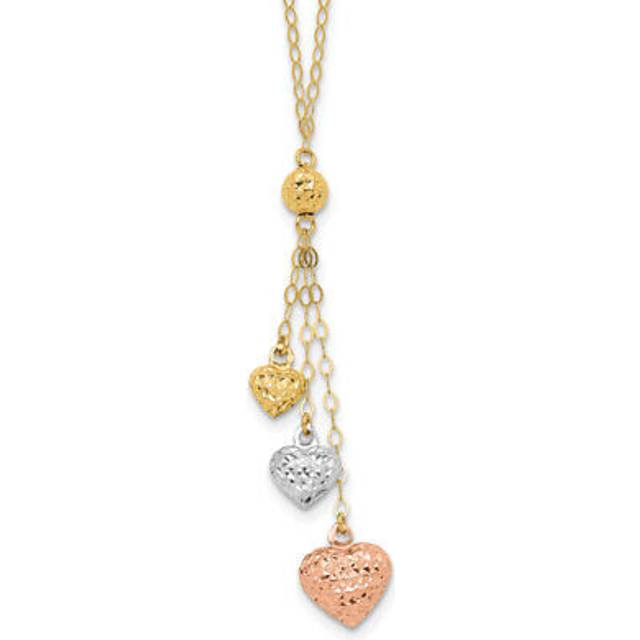14K Tri-Color Puff Heart Lariat with 2 in. Extension Necklace