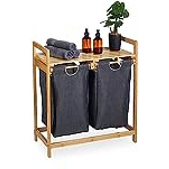 Relaxdays Tvättkorg hylla, bambu, utdragbar, HBT: 73 x 64 x 33 cm, 2 fack & 1 hylla, tvättkorg badrum, natur/grå, 1 styck