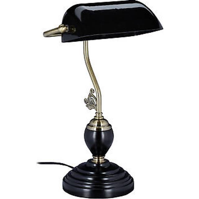 Relaxdays bankirlampa, lutande glasskärm, träfot, E27-fattning, skrivbord retro, bibliotek, svart, 44 x 26 x 19 cm