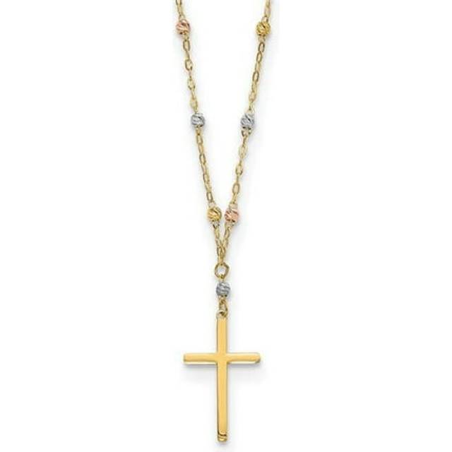 14K Tri-Color Diamond-Cut Beaded Polished Cross 17 in. Necklace