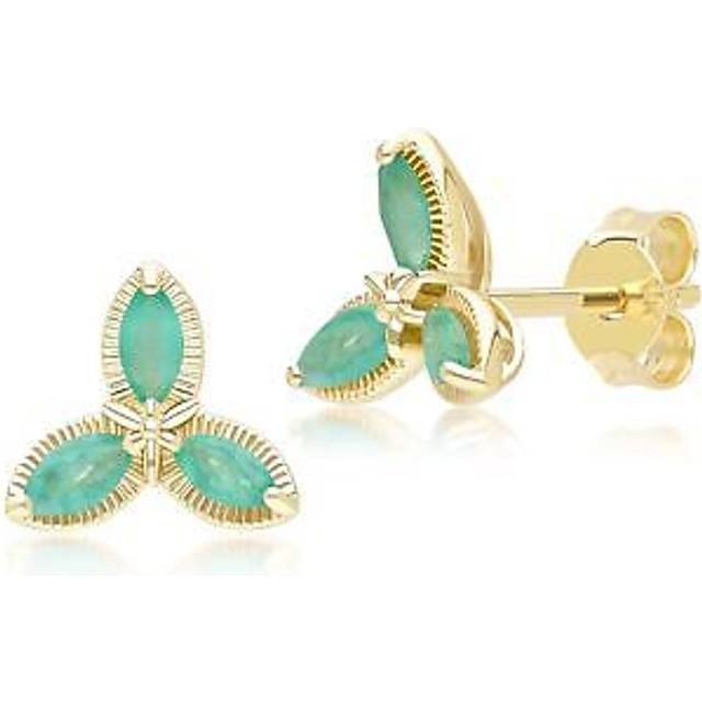 Floral Marquise Emerald Stud Earrings in 9ct Yellow Gold