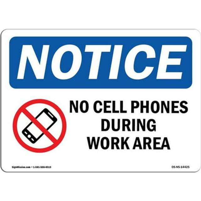 SignMission OS-NS-D-57-L-14425 OSHA Notice Sign - No Cell Phones During Work Hours with Symbol