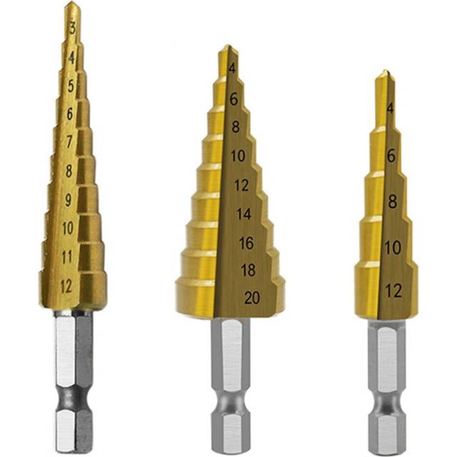 Step Drill Bit 3Pcs Hss Step Drill Bit Set Cone Hole Cutter Taper Metric Nitriding Hex Core Drill Bits Gold