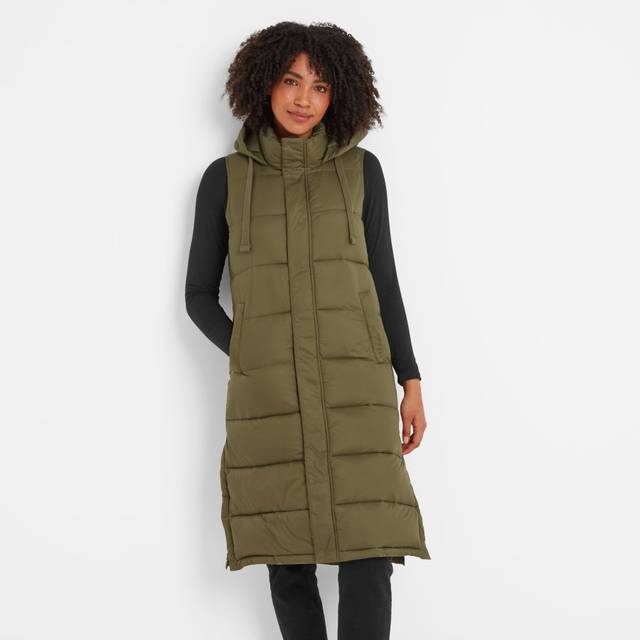 TOG24 Newall Womens Long Padded Gilet Khaki Polyamide - Size 24 UK