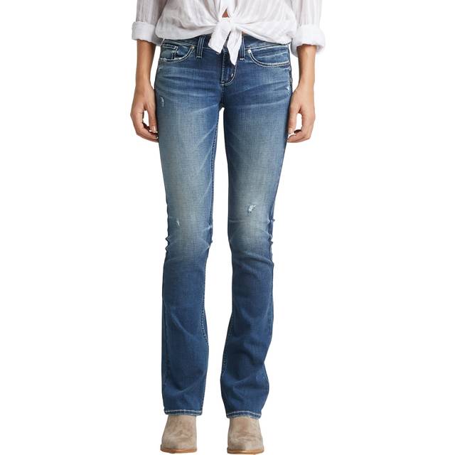 Silver Jeans Co. Women's Tuesday Low Rise Slim Bootcut Jeans  Medium Indigo Distressed  29W x 33L
