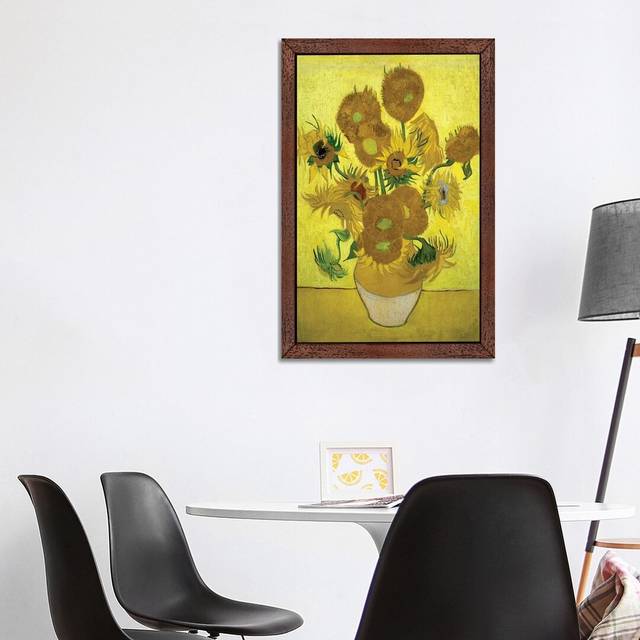 'Sunflowers (Repetition of the Fourth Version), 1889' by Vincent Van Gogh - Floater Frame Painting Print on Canvas - Brown Framed (101.6 cm H x 66.04 cm W)