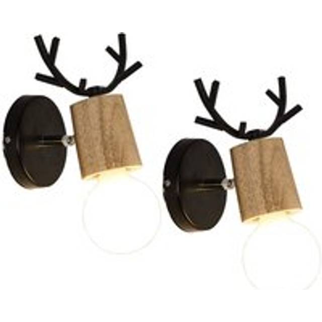 Norcks - 2PCS Nordic Wall Sconce Simple Design Deer Wall Lamp Antlers Wooden Wall Light For Bedroom Living Room Children Room (Black)